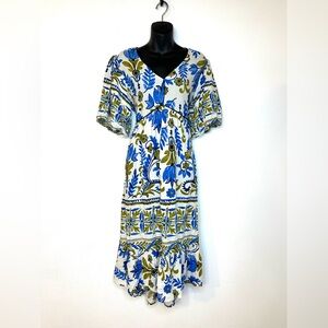Fig and Flower Women's Midi Dress M Greek Mediterranean Floral Puff Sleeves Boho